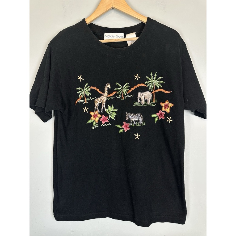 Victoria Sport Vintage Embroidered Safari Jungle Animal Print 100% Cotton Size S